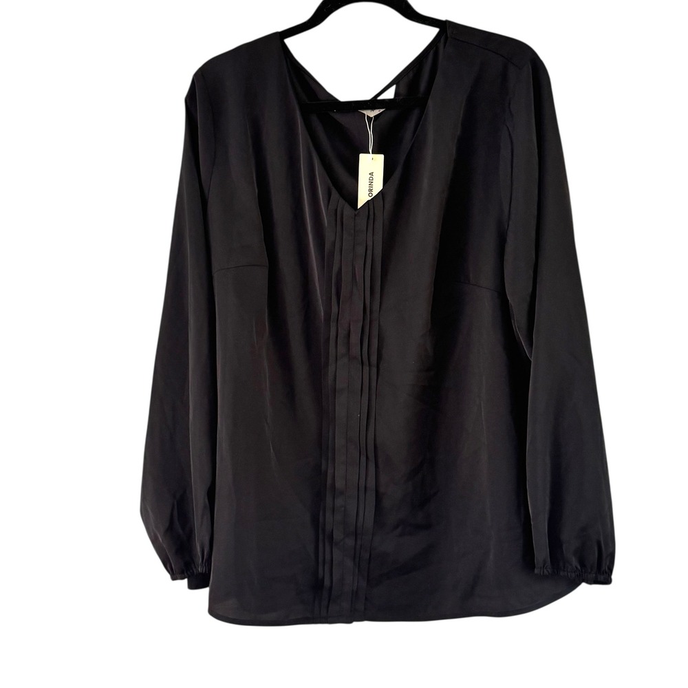 Agnes Orinda Pleated Blouse‎ V-Neck Long Sleeve Top Elegant Black 3X
